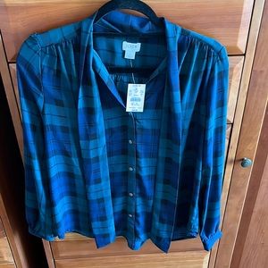 NWT JCREW Factory in Green, Blue plaid Black Watch bow-neck top size Small